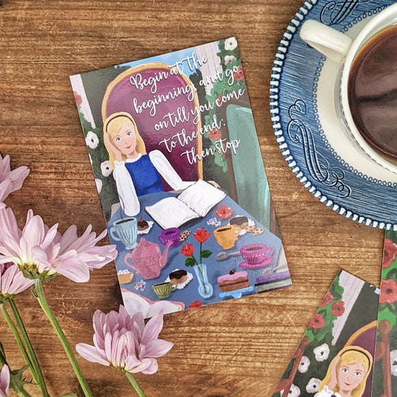 4x6 Alice and the Bookish Tea Party - Alice in Wonderland inspired postcard / mini print
