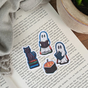 Set of 4 Halloween Stickers - Ghosts, Black Cat, Pumpkin